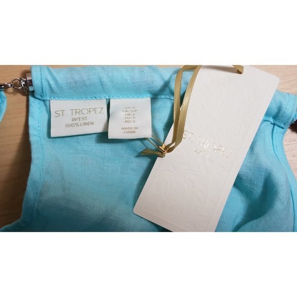 St. Tropez West Shift Dress~Beaded Halter~Aqua Blue Handkerchief Linen~S-M NWT - Picture 4 of 5